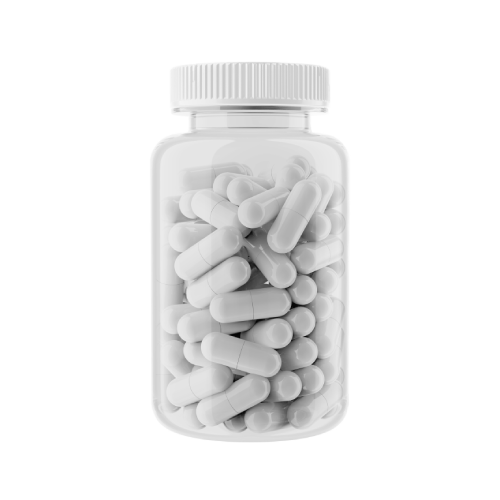Weiße Tabletten. Durchsichtes Behältnis. Weißer Deckel
