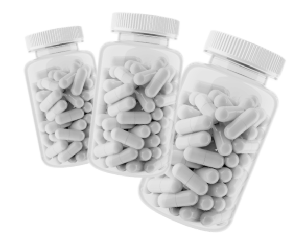 3x weiße Tabletten in durchsichtigem Behältnis mit Deckel