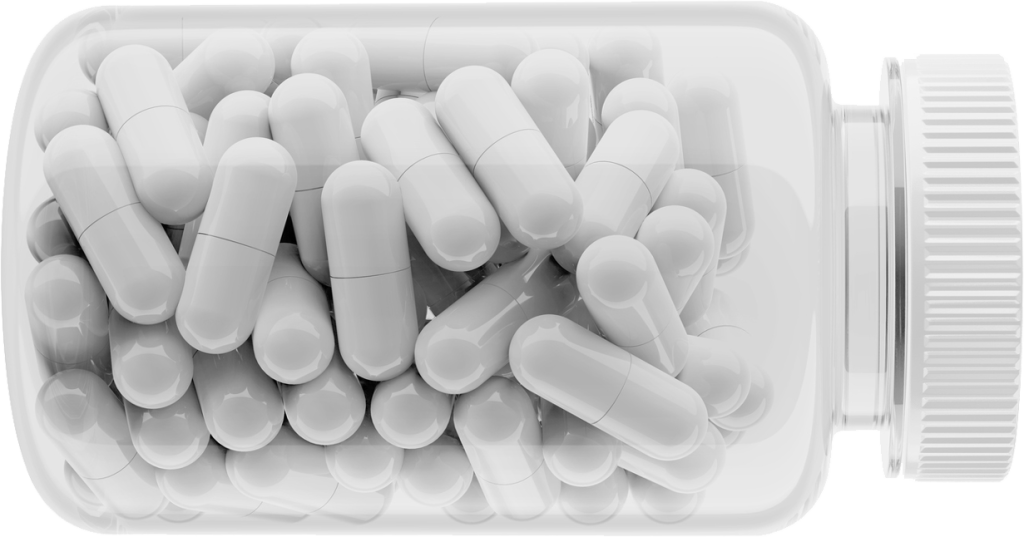 Durchsichtiges Behältnis mit weißen Tabletten